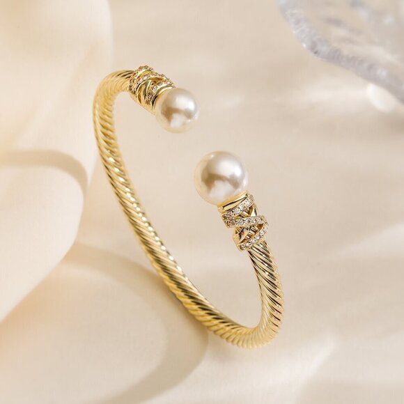 18K Gold Plated Stainless Steel Cable Twist Cuff Style Bangle , Faux Pearl - Picture 1 of 2